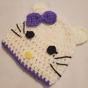 Girls Hand Made Hello Kitty Knit Beanie Hat 2T-4T Winter Bow Cat
